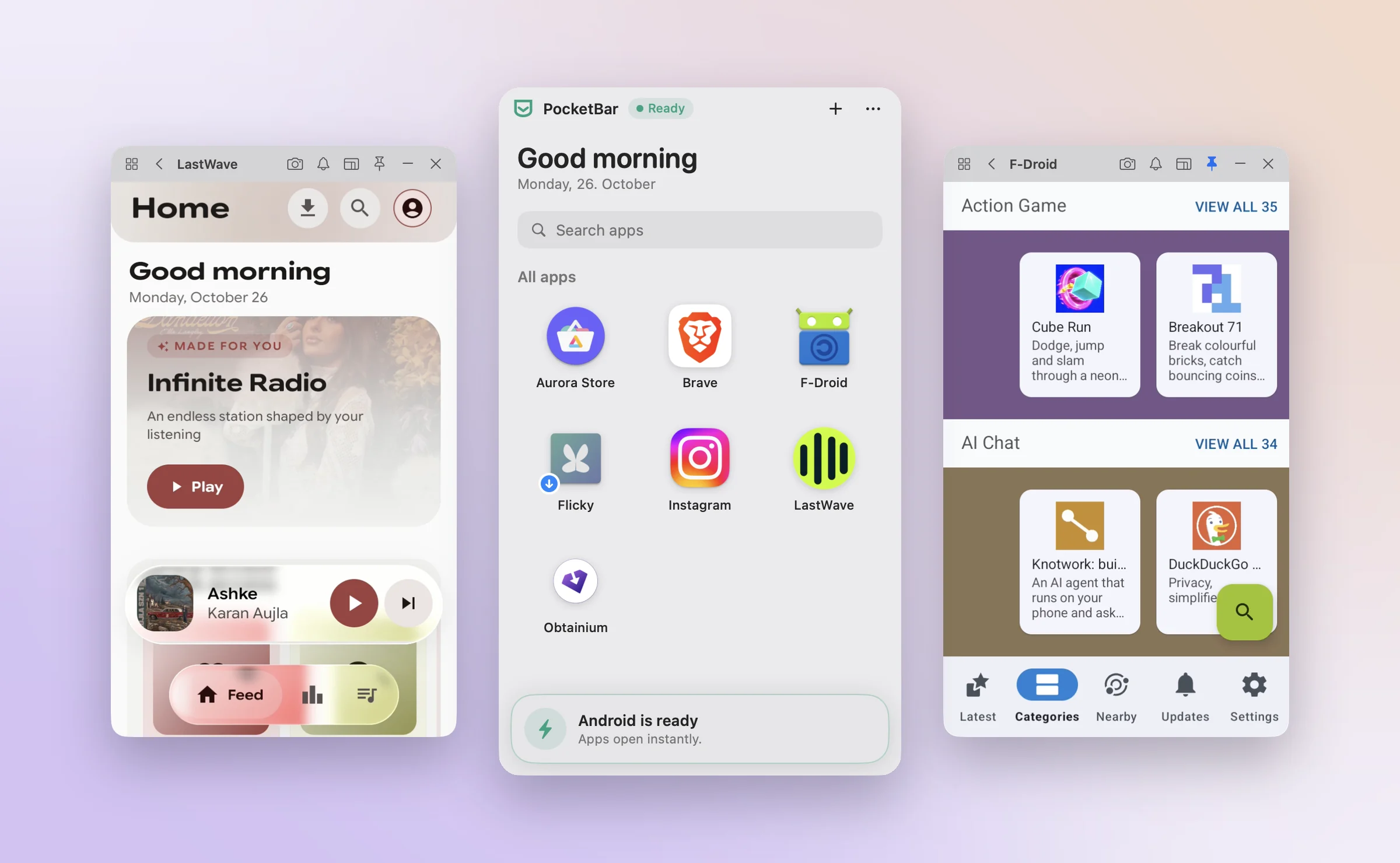 PocketBar in light mode: the home screen with LastWave and F-Droid open in their own windows
